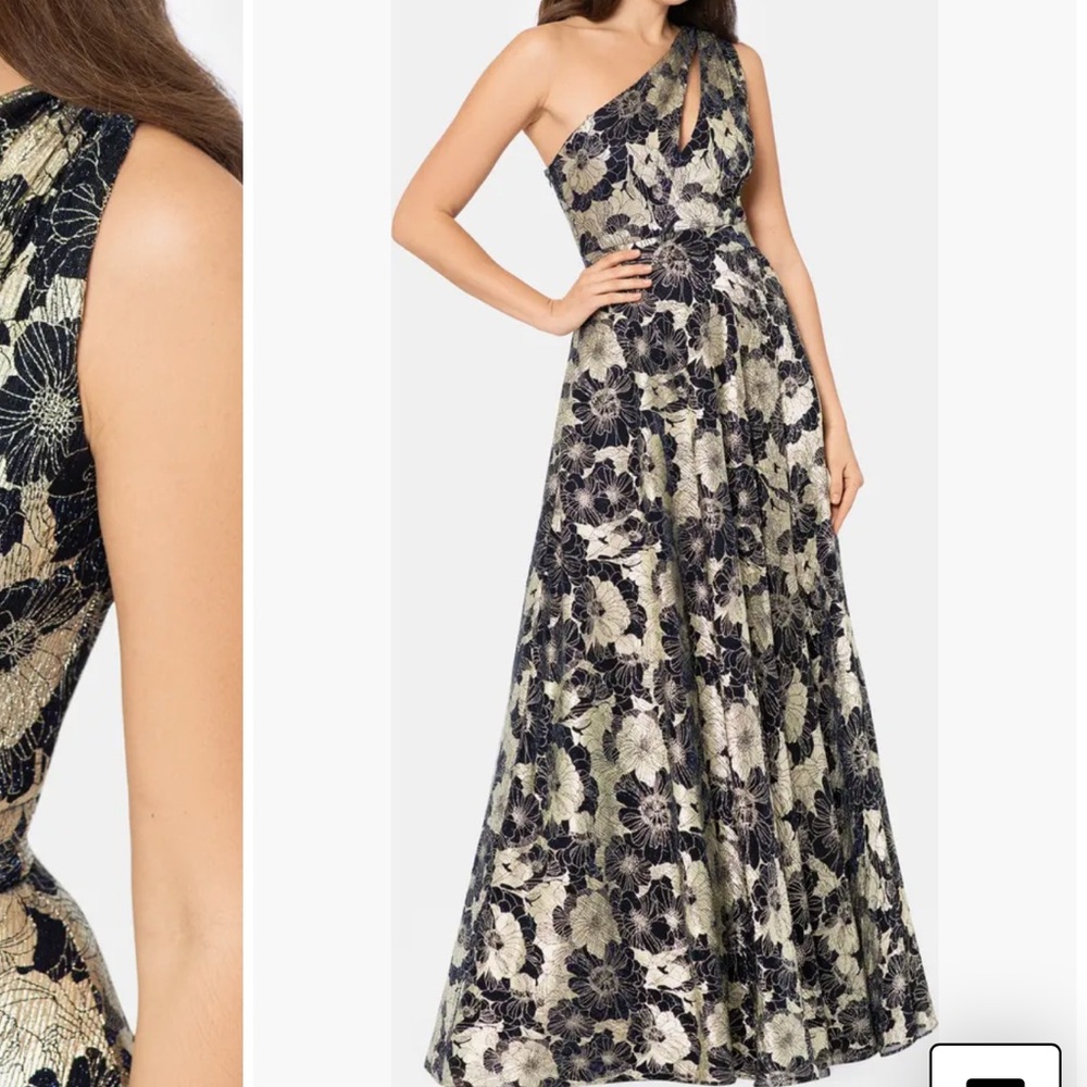 Betsy & Adam Black and White One Shoulder Gown